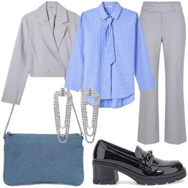 Outfit donna - Il rientro al lavoro selezione Curvy. Stile Glamour per Ufficio. Abbinamento con pantaloni, borse a tracolla, blazer, orecchini, camicie, mocassini.