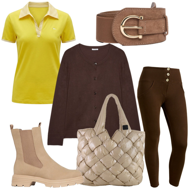 Outfit donna - Look settembrino. Stile Casual per Tutti i giorni. Abbinamento con stivaletti, polo, pantaloni skinny, borse tote, cardigans, cinture.