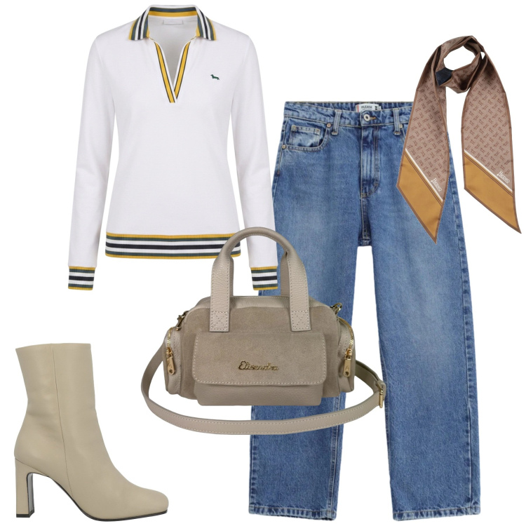 Outfit donna - City. Stile Casual chic per Tutti i giorni. Abbinamento con stivaletti, sciarpe, polo, jeans dritti, borse a mano.