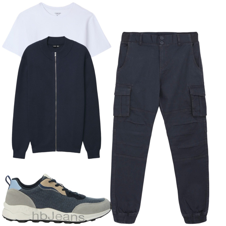 Outfit uomo - City. Stile Casual per Tutti i giorni. Abbinamento con sneakers, pantaloni cargo, t-shirt, cardigans.
