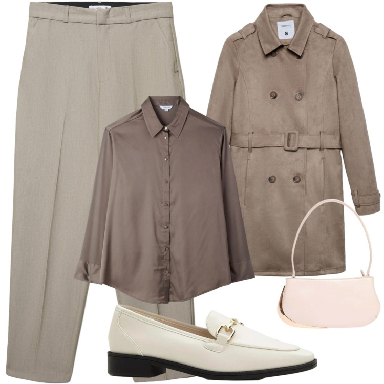 Outfit donna - Chic di giorno. Stile Chic per Ufficio. Abbinamento con mocassini, camicie, pantaloni chino, trench, portafogli.