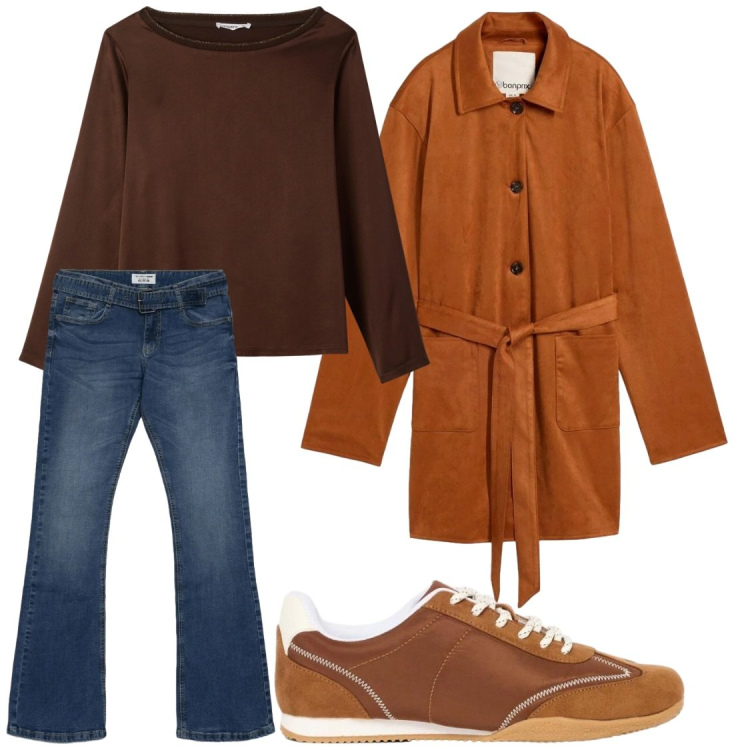 Outfit donna - Total look #2472762. Stile Chic per Tutti i giorni. Abbinamento con trench, sneakers, jeans a zampa, bluse.