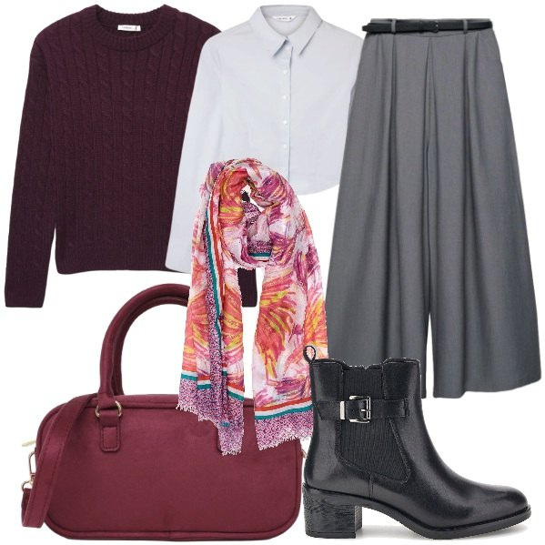 Outfit donna - Look Curvy per giornata lavorativa. Stile Glamour per Ufficio. Abbinamento con pantaloni, maglieria, camicie, borse a tracolla, stivaletti, sciarpe.