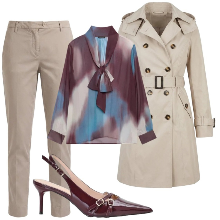Outfit donna - In ufficio. Stile Chic per Ufficio. Abbinamento con pantaloni, décolleté, bluse, trench.