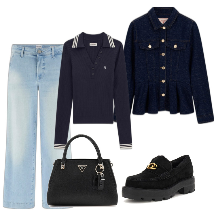 Outfit mujer - Casual #8568. Estilo Casual para Todos los días. Combinación con polo, mocasines, bolsos de mano, vaqueros pata de elefante, blazers.