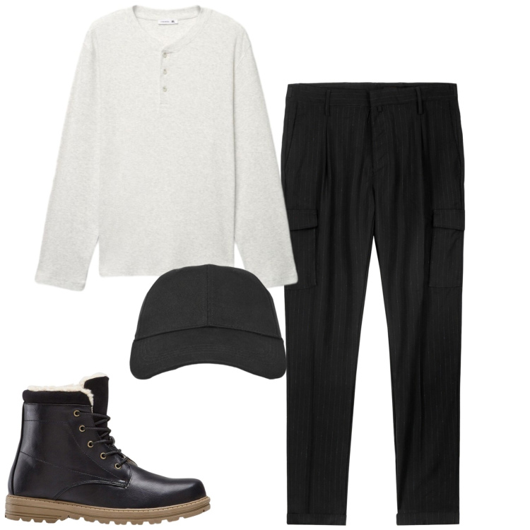 Outfit uomo - Settembre. Stile Casual per Tutti i giorni. Abbinamento con stivali e stivaletti, pantaloni cargo, cappelli con visiera, t-shirt.