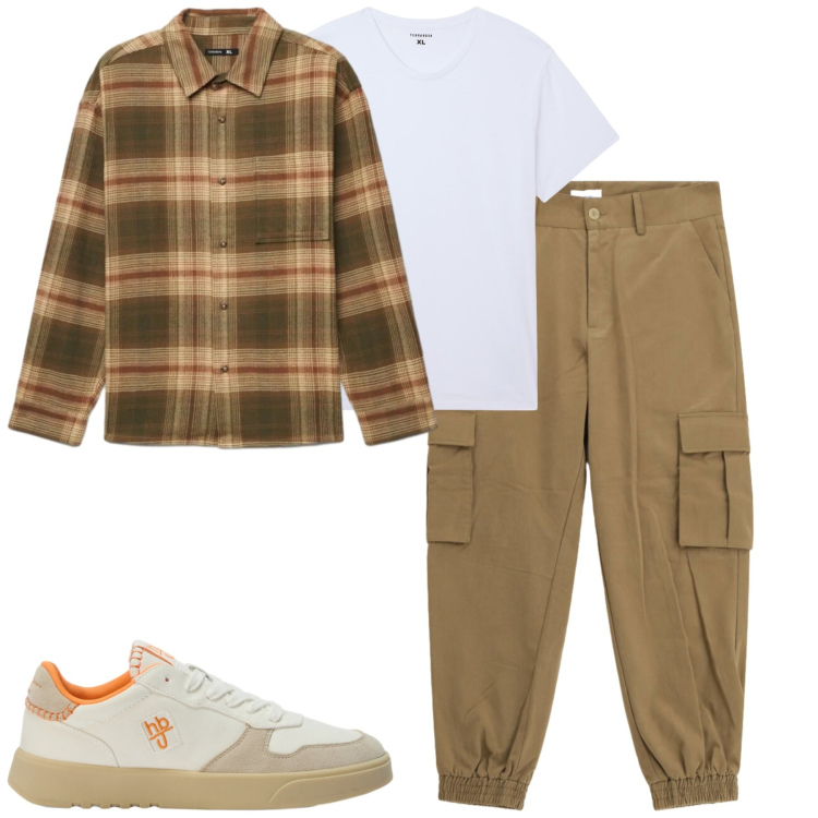Outfit uomo - Fall. Stile Casual per Tutti i giorni. Abbinamento con sneakers, pantaloni cargo, t-shirt, camicie.