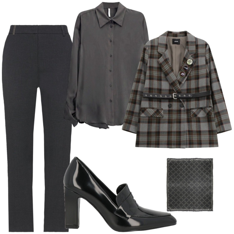 Outfit donna - Il grigio del 2026/2027. Stile Chic per Ufficio. Abbinamento con pantaloni, sciarpe, mocassini, camicie, blazer.