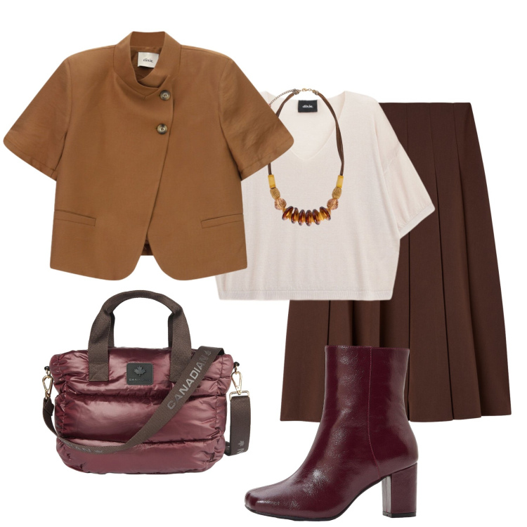 Outfit donna - Buongiorno Autunno!. Stile Chic per Ufficio. Abbinamento con stivaletti, gonne lunghe, blazer, maglieria, borse a tracolla, collane.