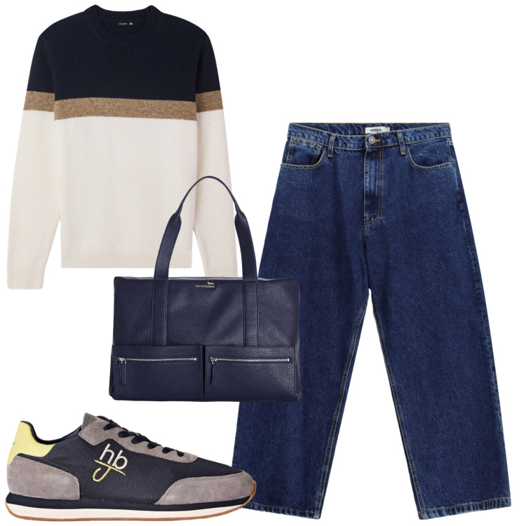 Outfit uomo - Fall. Stile Casual per Tutti i giorni. Abbinamento con sneakers, borse sportive, jeans, maglieria.