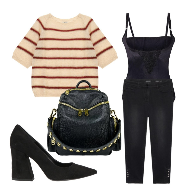 Outfit donna - Settembre. Stile Urban per Tutti i giorni. Abbinamento con décolleté, body, maglieria, jeans skinny, zaini.
