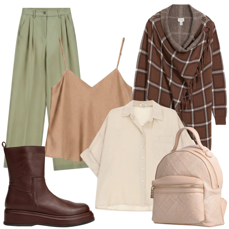 Outfit donna - Iana. Stile Casual chic per Tutti i giorni. Abbinamento con zaini, stivaletti, cardigans, pantaloni a palazzo, top, camicie a manica corta.