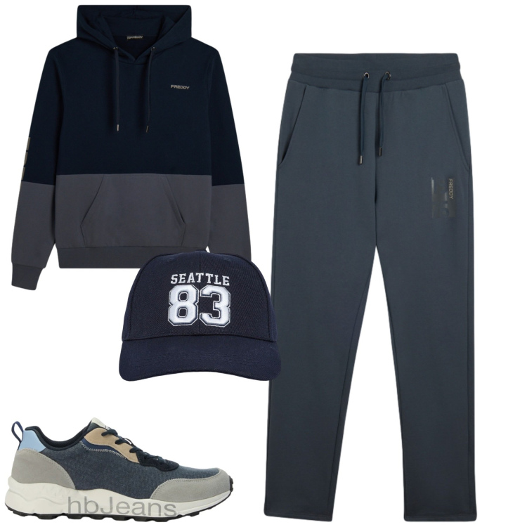 Outfit uomo - Freddy. Stile Casual per Tutti i giorni. Abbinamento con sneakers, felpe con cappuccio, pantaloni, cappelli con visiera.