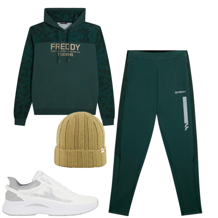 Outfit uomo - Green. Stile Casual per Tutti i giorni. Abbinamento con pantaloni, felpe con cappuccio, sneakers, berretti.
