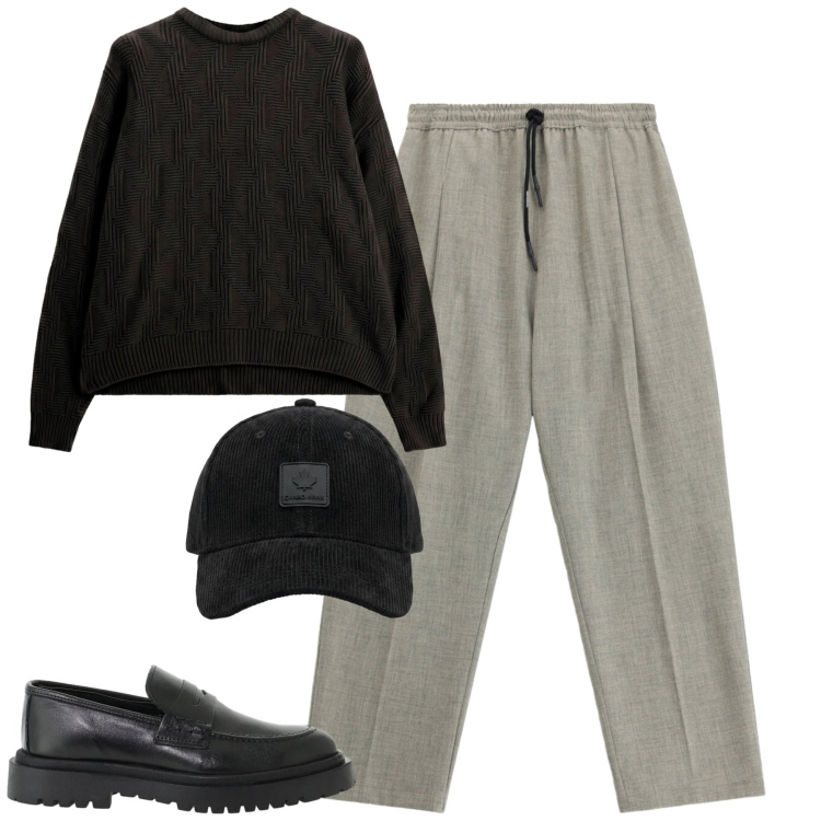 Outfit uomo - Fall. Stile Urban per Tutti i giorni. Abbinamento con scarpe stringate, pantaloni, maglieria, cappelli con visiera.