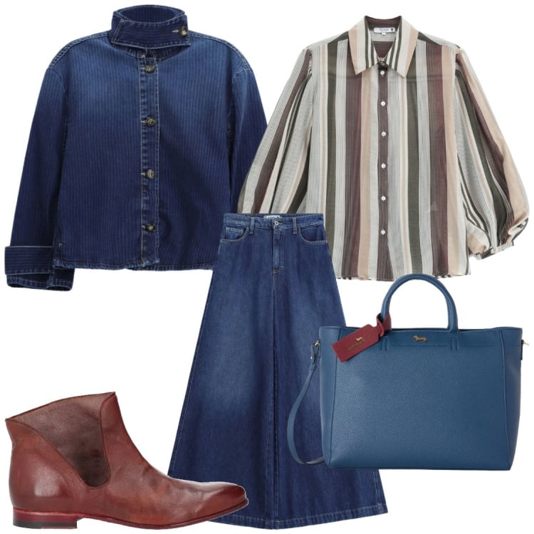 Outfit donna - I love autunno. Stile Chic per Ufficio. Abbinamento con stivaletti, borse a mano, camicie, cappotti, jeans.
