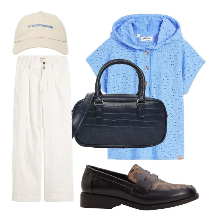 Outfit donna - Settembre. Stile Sporty chic per Tutti i giorni. Abbinamento con maglieria, mocassini, jeans, cappelli con visiera, borse a tracolla.