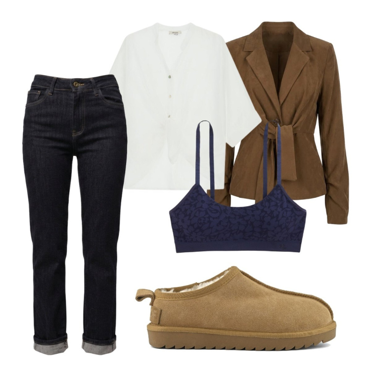 Outfit donna - Dark denim jeans dritti. Stile Basic per Tutti i giorni. Abbinamento con camicie a manica corta, reggiseni, blazer, jeans dritti, sabot.
