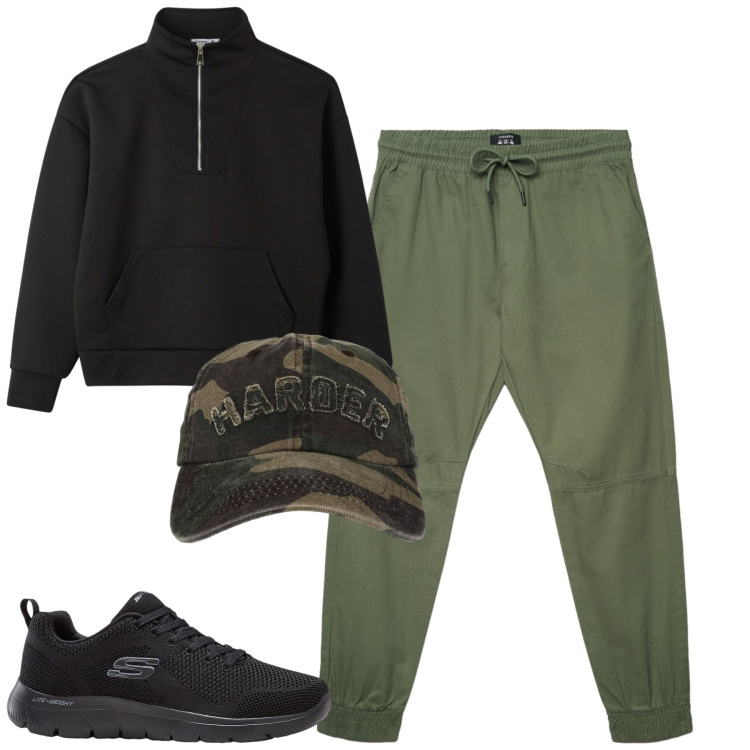 Outfit uomo - Fall. Stile Casual per Tutti i giorni. Abbinamento con sneakers, cappelli con visiera, felpe, pantaloni.