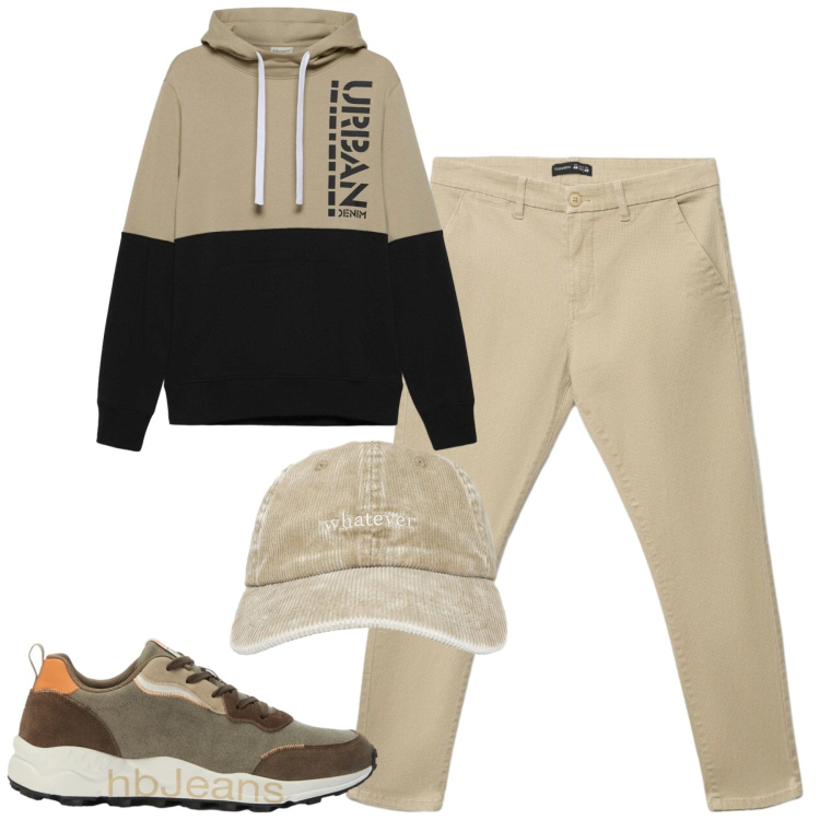 Outfit uomo - Settembre. Stile Casual per Tutti i giorni. Abbinamento con sneakers, pantaloni chino, cappelli con visiera, felpe con cappuccio.