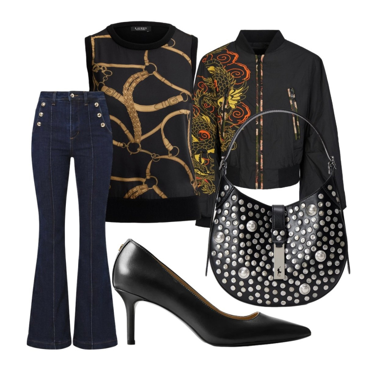 Outfit donna - Dark denim - Il jeans per l\'autunno. Stile Rock per Serata fuori. Abbinamento con jeans a zampa, bomber, maglieria, décolleté, borse a spalla.