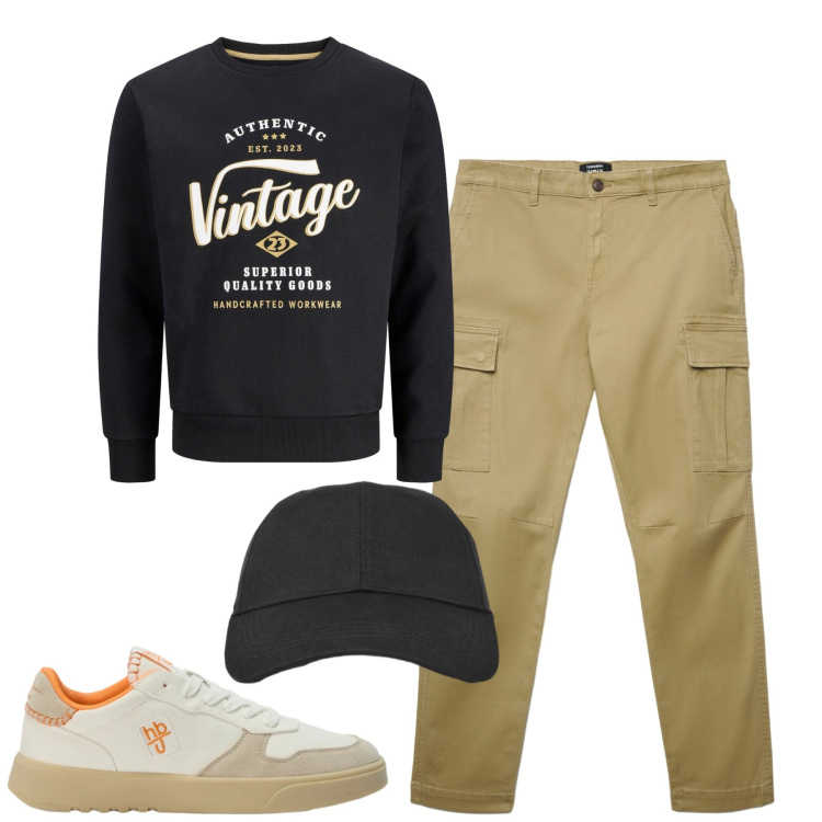 Outfit uomo - City. Stile Casual per Tutti i giorni. Abbinamento con sneakers, pantaloni cargo, cappelli con visiera, felpe.