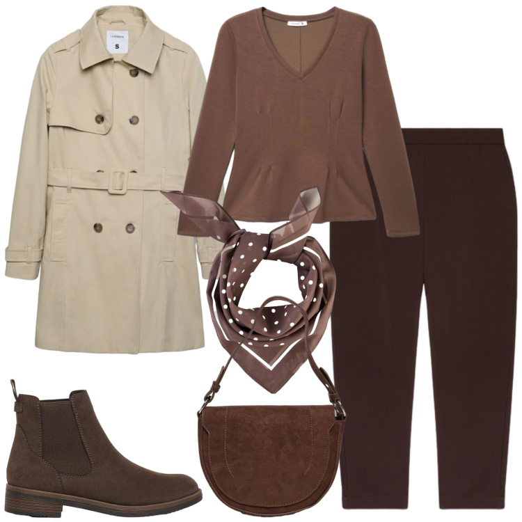 Outfit donna - Il trench indispensabile. Stile Casual chic per Tutti i giorni. Abbinamento con foulard, stivaletti, trench, t-shirt, pantaloni, borse a spalla.