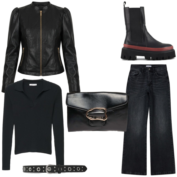 Outfit donna - Biker style. Stile Urban per Tutti i giorni. Abbinamento con maglieria, jeans bootcut, cinture, giacche, clutch, stivaletti chelsea.