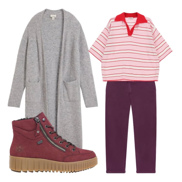 Outfit donna - Gita fuori città. Stile Casual per Tutti i giorni. Abbinamento con cardigans, sneakers alte, t-shirt, pantaloni chino.