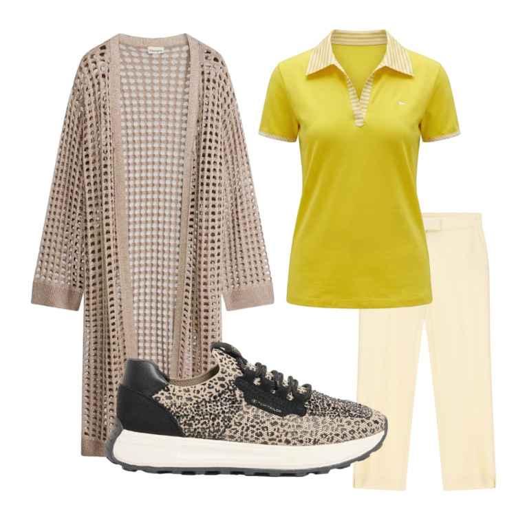 Outfit donna - Weekend Fuori Porta. Stile Sporty chic per Tutti i giorni. Abbinamento con cardigans, sneakers, polo, pantaloni.
