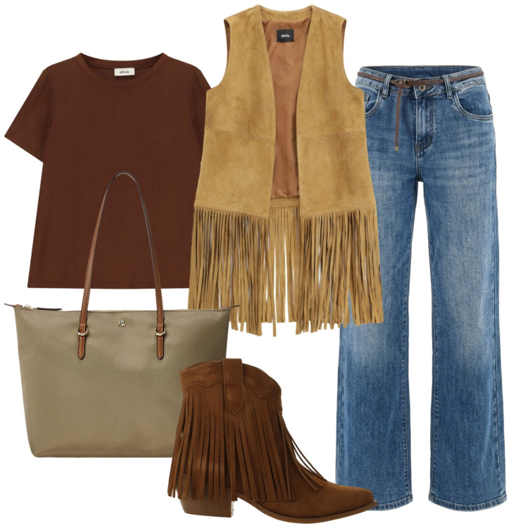 Outfit donna - Mille frange. Stile Etnico per Tutti i giorni. Abbinamento con stivaletti texani, t-shirt, gilet, borse tote, jeans.
