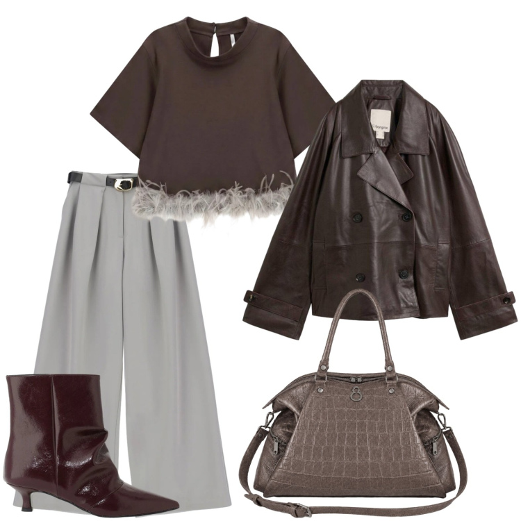Outfit donna - Voglia d\'autunno. Stile Trendy per Tutti i giorni. Abbinamento con caban, pantaloni a palazzo, t-shirt, stivaletti, shopping bag.