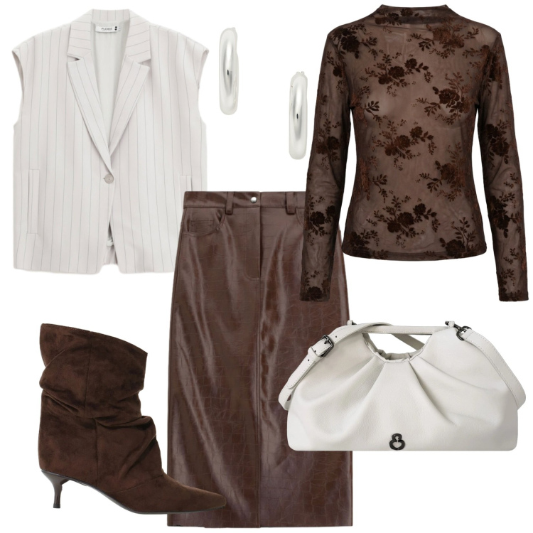 Outfit donna - Stivaletti trendy. Stile Trendy per Ufficio. Abbinamento con stivali, gilet, gonne longuette, clutch, orecchini, t-shirt.