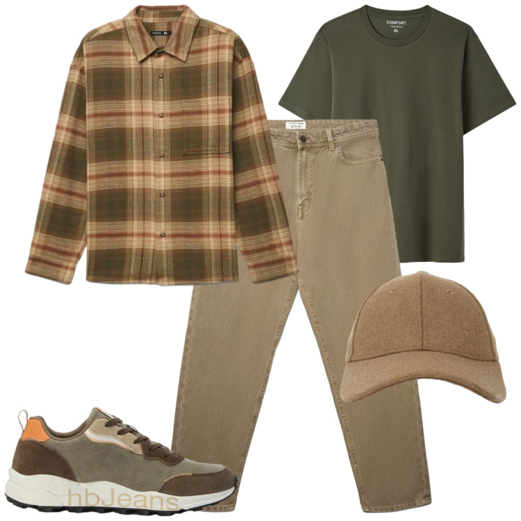 Outfit uomo - Weekend autunnale. Stile Casual per Tutti i giorni. Abbinamento con sneakers, jeans, camicie, t-shirt, cappelli con visiera.