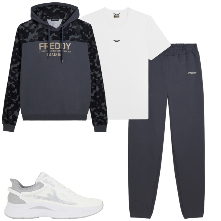 Outfit uomo - Freddy. Stile Casual per Sport. Abbinamento con pantaloni, felpe con cappuccio, sneakers, t-shirt.