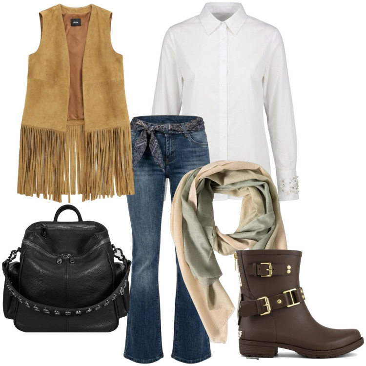 Outfit donna - A western tale. Stile Etnico per Tutti i giorni. Abbinamento con gilet, zaini, foulard, jeans, camicie, stivaletti.