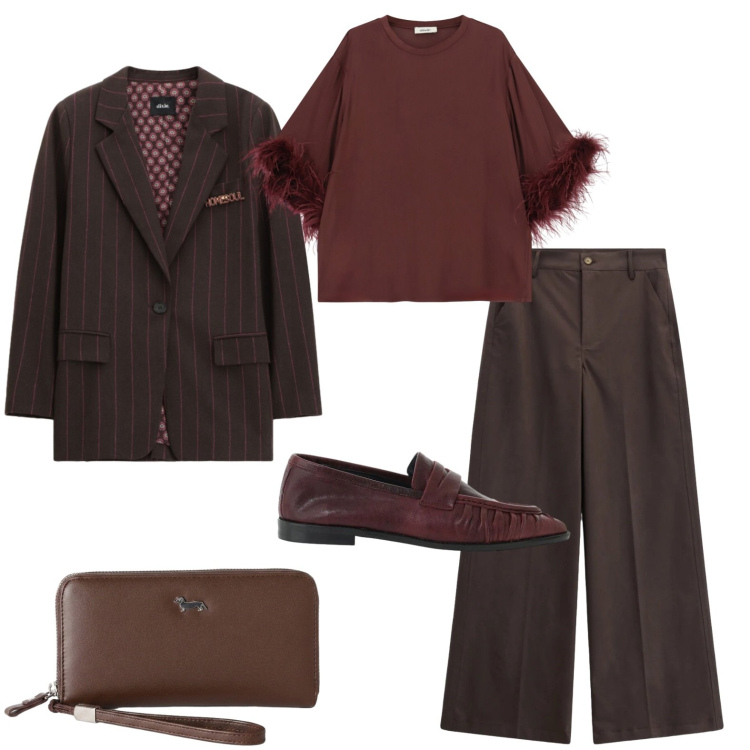 Outfit donna - Rigorosa femminilità. Stile Casual chic per Ufficio. Abbinamento con portafogli, maglieria, blazer, mocassini, pantaloni a palazzo.