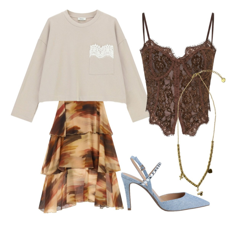 Outfit donna - La maglia in pizzo - @valeryg82. Stile Casual chic per Serata fuori. Abbinamento con décolleté, ciondoli, t-shirt, gonne longuette, top.
