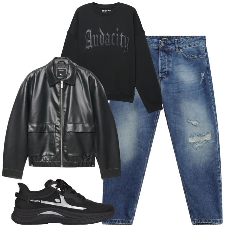 Outfit uomo - Serata con gli amici. Stile Casual per Serata speciale. Abbinamento con jeans strappati, sneakers, felpe, giacche.