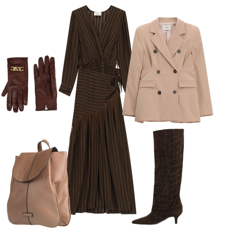 Outfit donna - Aperitivo dopo il lavoro. Stile Glamour per Ufficio. Abbinamento con zaini, guanti, stivali, vestiti lunghi, blazer.