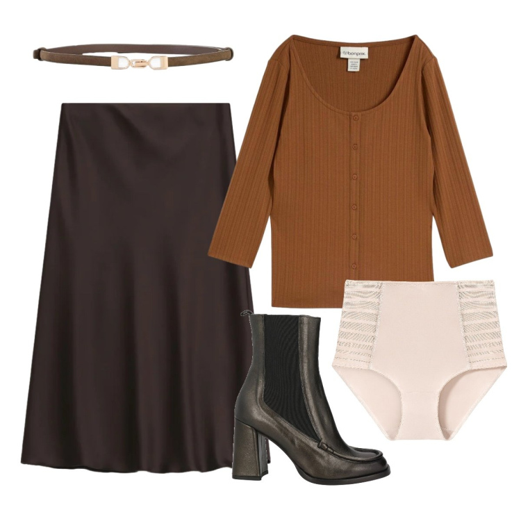 Outfit donna - Colori della terra. Stile Vintage retrò per Ufficio. Abbinamento con stivaletti chelsea, cinture, t-shirt, culotte, gonne longuette.