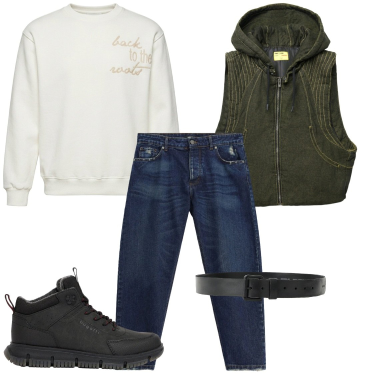 Outfit uomo - Total look #2472848. Stile Trendy per Tutti i giorni. Abbinamento con stivali e stivaletti, jeans, felpe, cinture, gilet.