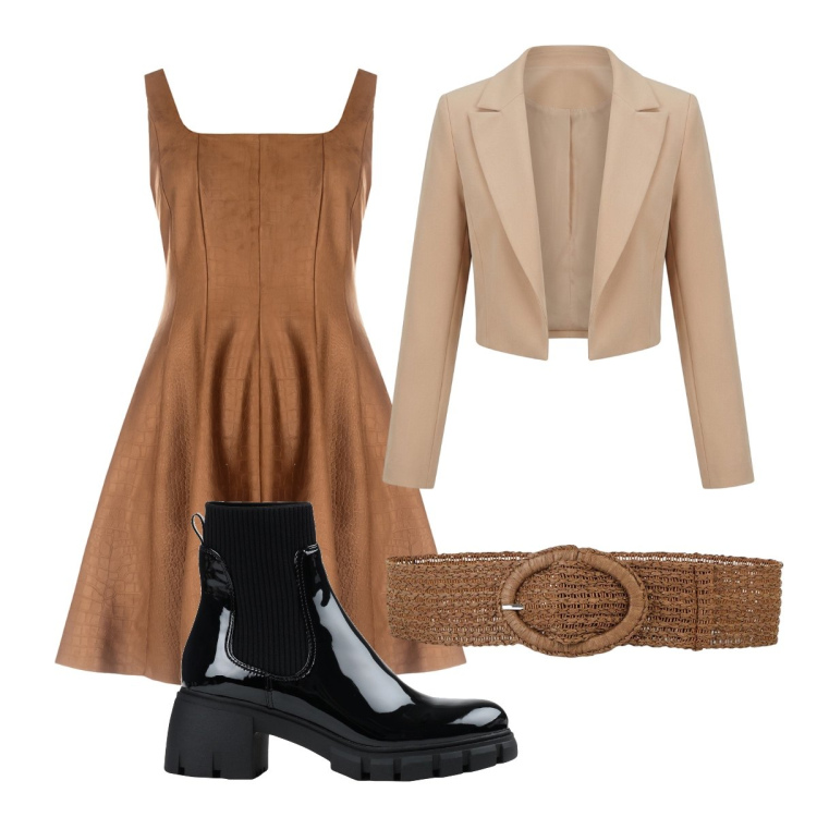 Outfit donna - Sfumature Cammello e Cioccolato. Stile Minimal per Cerimonia. Abbinamento con stivaletti, cinture, vestiti corti, bolero.