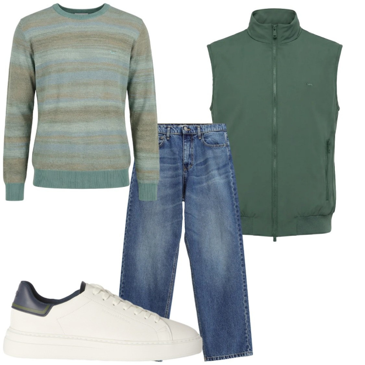 Outfit uomo - Total look #2472852. Stile Casual per Tutti i giorni. Abbinamento con sneakers, pullovers, gilet, jeans.