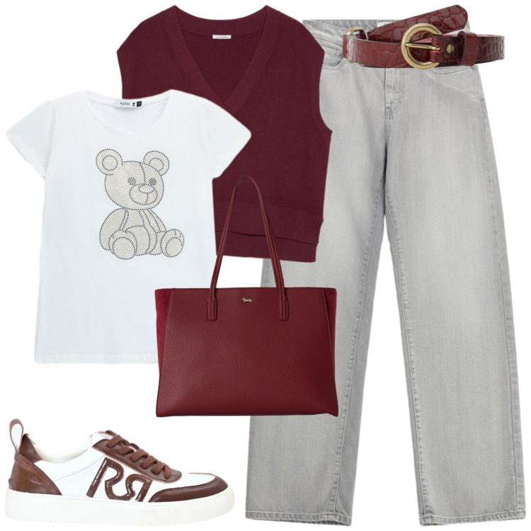 Outfit donna - Transitional season. Stile Casual chic per Tutti i giorni. Abbinamento con shopping bag, cinture, sneakers, jeans, t-shirt, maglieria.