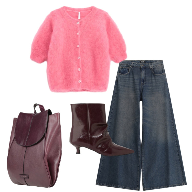 Outfit donna - Il maglioncino puffoso. Stile Casual per Ufficio. Abbinamento con zaini, cardigans, jeans, stivaletti.