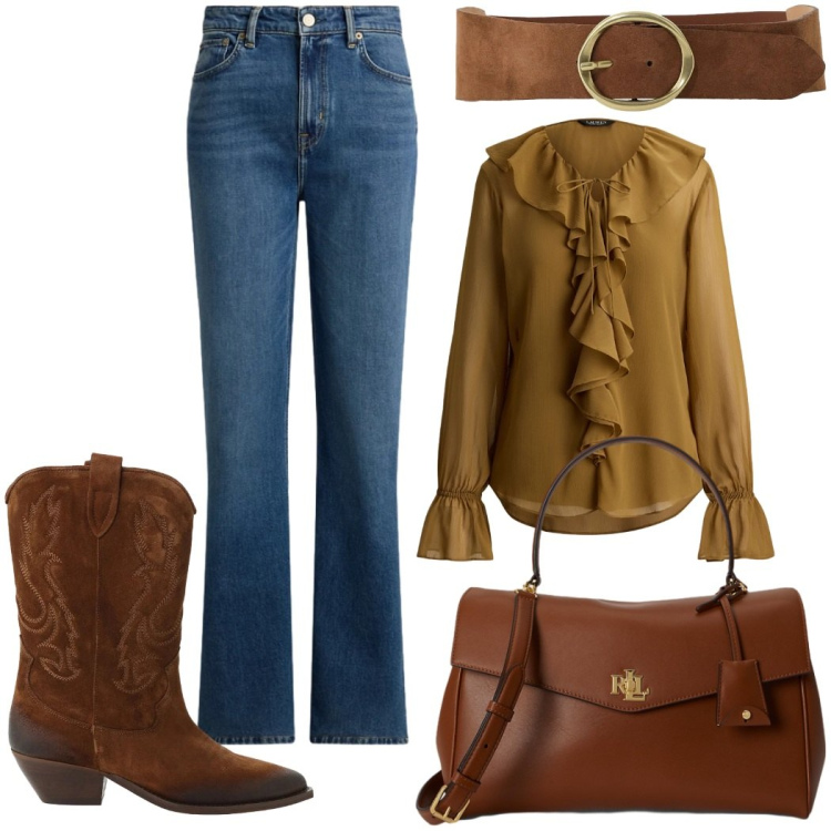 Outfit donna - Nocciola e cioccolato. Stile Trendy per Tutti i giorni. Abbinamento con stivaletti texani, cinture, camicie, borse a mano, jeans dritti.