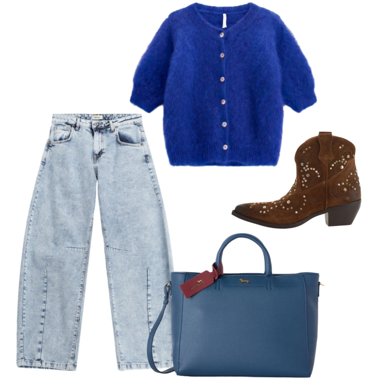 Outfit donna - Look del mercoledì. Stile Casual per Tutti i giorni. Abbinamento con borse a mano, cardigans, jeans, stivaletti texani.