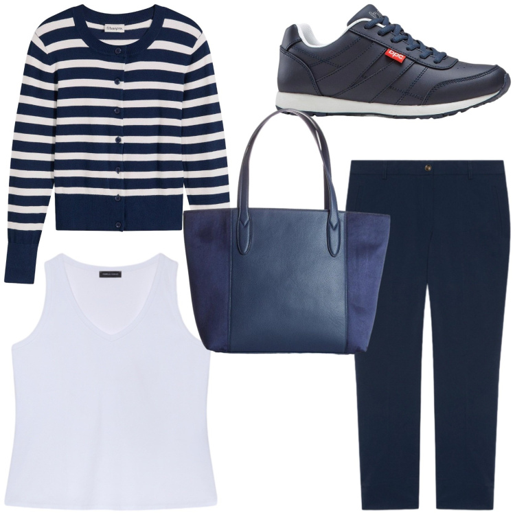 Outfit donna - Weekend mariniere. Stile Sporty chic per Tutti i giorni. Abbinamento con cardigans, sneakers, shopping bag, pantaloni, canottiere.