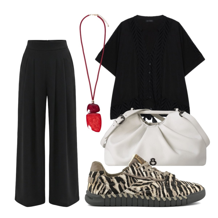 Outfit donna - PANTALONE a palazzo in cadi. Stile Minimal per Tutti i giorni. Abbinamento con pantaloni a palazzo, bluse, ciondoli, clutch, sneakers.